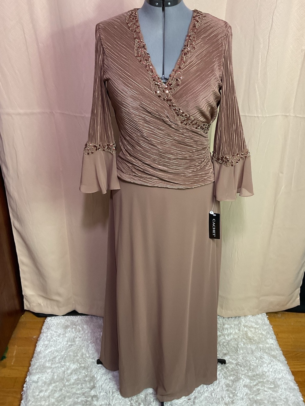 Cachet Mocha  V-Neck Pleated Wrap Maxi Dress